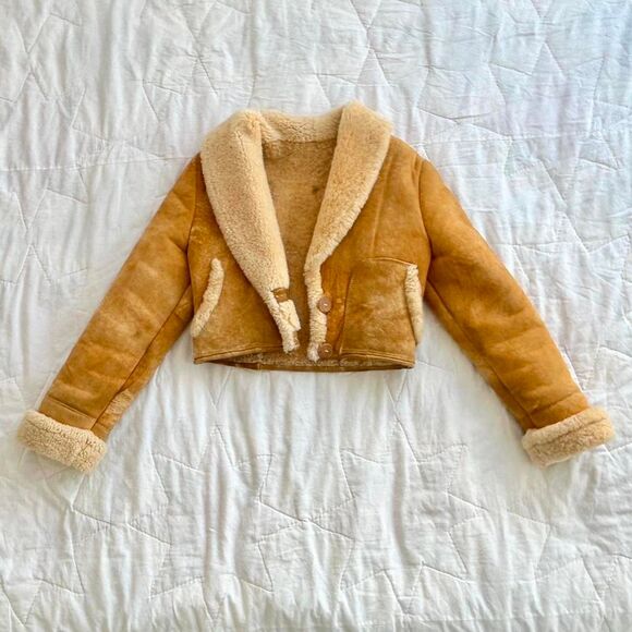 70s Vintage Suede Leather Shearling Wool Cropped Penny Lane Jacket Coat XS Small